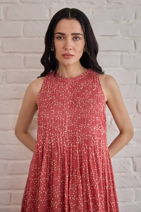 Taro Red Cotton Round Neck Berry Buds Confetti Dot Dress Online at Aza Fashions Taro_Red Cotton Round Neck Berry Buds Confetti Dot Dress _Online_at_Aza_Fashions