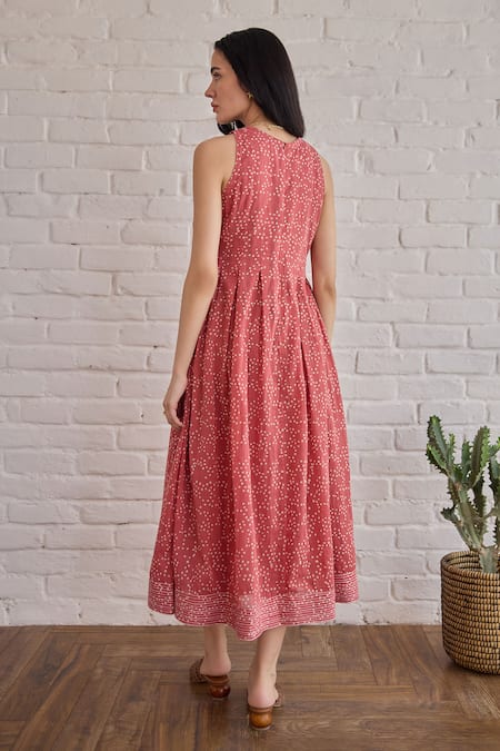 Shop Taro Red Cotton Round Neck Berry Buds Confetti Dot Dress at Aza Fashions Shop_Taro_Red Cotton Round Neck Berry Buds Confetti Dot Dress _at_Aza_Fashions