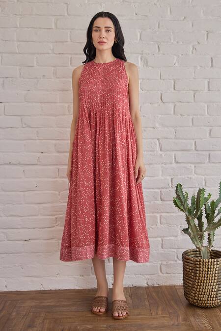 Shop Taro Red Cotton Round Neck Berry Buds Confetti Dot Dress Online at Aza Fashions Shop_Taro_Red Cotton Round Neck Berry Buds Confetti Dot Dress _Online_at_Aza_Fashions