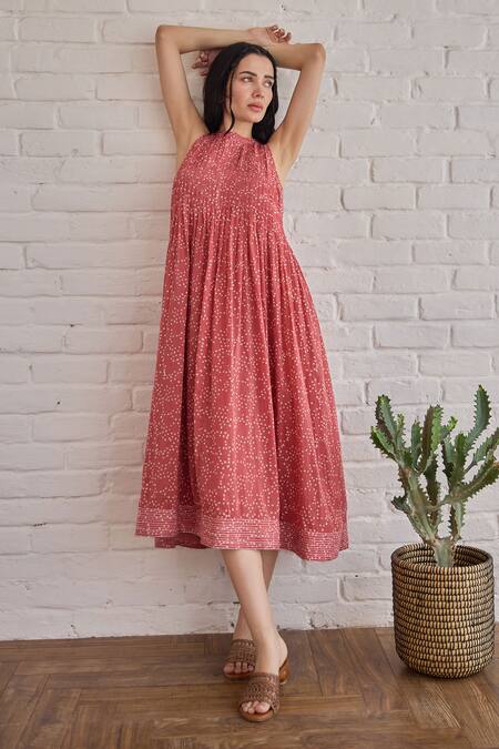 Taro Red Cotton Round Neck Berry Buds Confetti Dot Dress at Aza Fashions Taro_Red Cotton Round Neck Berry Buds Confetti Dot Dress _at_Aza_Fashions