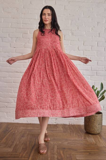 Buy Taro Red Cotton Round Neck Berry Buds Confetti Dot Dress Buy_Taro_Red Cotton Round Neck Berry Buds Confetti Dot Dress