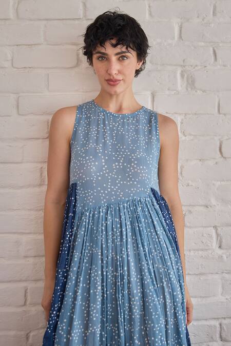 Taro_Blue Cotton Round Neck Dual Tone Confetti Dot Dress _Online_at_Aza_Fashions
