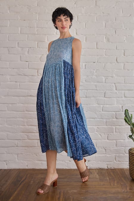 Buy_Taro_Blue Cotton Round Neck Dual Tone Confetti Dot Dress _Online_at_Aza_Fashions
