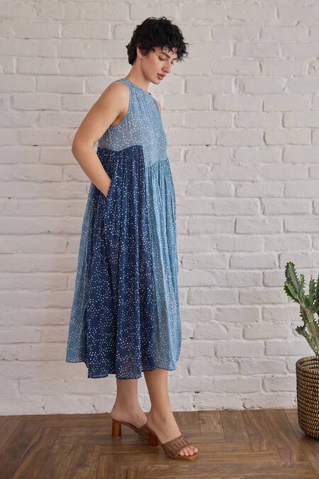 Shop_Taro_Blue Cotton Round Neck Dual Tone Confetti Dot Dress _Online_at_Aza_Fashions