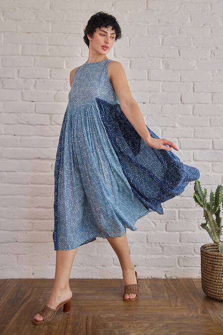 Buy_Taro_Blue Cotton Round Neck Dual Tone Confetti Dot Dress 