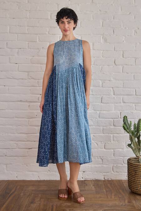 Shop_Taro_Blue Cotton Round Neck Dual Tone Confetti Dot Dress 