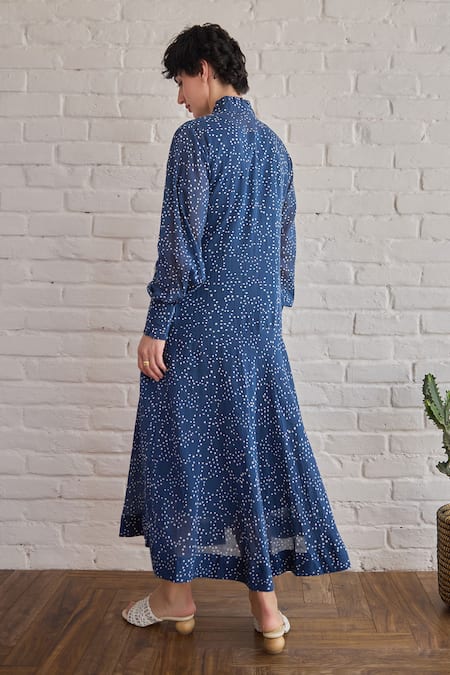 Shop Taro Blue Cotton Collared Raindrop Confetti Dot Print Dress at Aza Fashions Shop_Taro_Blue Cotton Collared Raindrop Confetti Dot Print Dress _at_Aza_Fashions