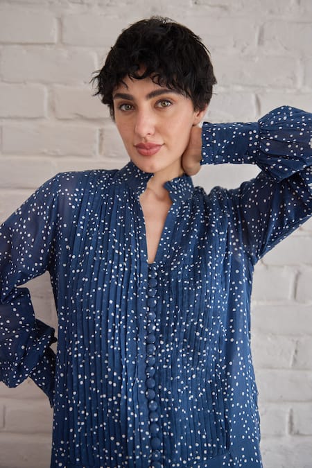 Taro Blue Cotton Collared Raindrop Confetti Dot Print Dress Online at Aza Fashions Taro_Blue Cotton Collared Raindrop Confetti Dot Print Dress _Online_at_Aza_Fashions