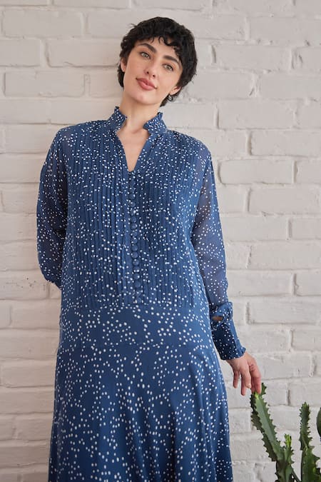 Buy Taro Blue Cotton Collared Raindrop Confetti Dot Print Dress Online at Aza Fashions Buy_Taro_Blue Cotton Collared Raindrop Confetti Dot Print Dress _Online_at_Aza_Fashions