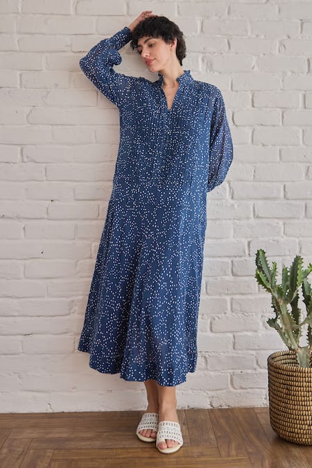 Shop Taro Blue Cotton Collared Raindrop Confetti Dot Print Dress Online at Aza Fashions Shop_Taro_Blue Cotton Collared Raindrop Confetti Dot Print Dress _Online_at_Aza_Fashions