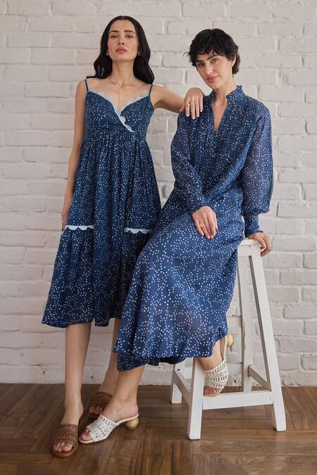 Taro Blue Cotton Collared Raindrop Confetti Dot Print Dress at Aza Fashions Taro_Blue Cotton Collared Raindrop Confetti Dot Print Dress _at_Aza_Fashions