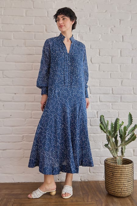 Buy Taro Blue Cotton Collared Raindrop Confetti Dot Print Dress Buy_Taro_Blue Cotton Collared Raindrop Confetti Dot Print Dress