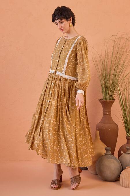 Taro_Tan Cotton Lace Round Neck Marigold Breeze Confetti Dot Dress _Online_at_Aza_Fashions