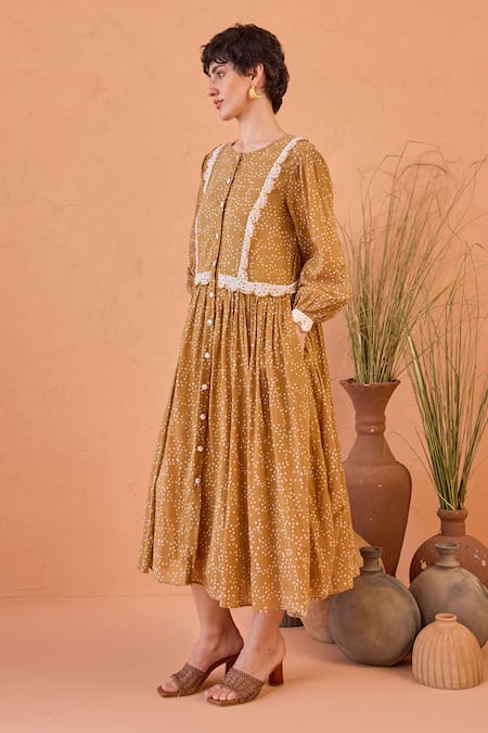 Buy_Taro_Tan Cotton Lace Round Neck Marigold Breeze Confetti Dot Dress _Online_at_Aza_Fashions