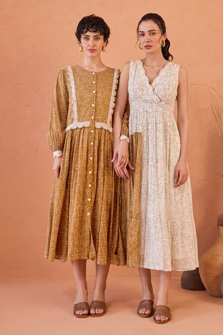 Shop_Taro_Tan Cotton Lace Round Neck Marigold Breeze Confetti Dot Dress _Online_at_Aza_Fashions