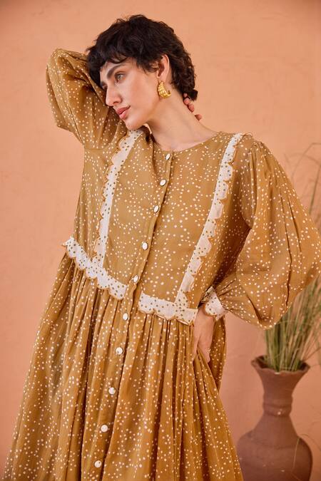 Taro_Tan Cotton Lace Round Neck Marigold Breeze Confetti Dot Dress _at_Aza_Fashions