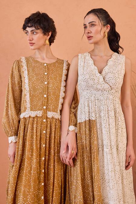 Buy_Taro_Tan Cotton Lace Round Neck Marigold Breeze Confetti Dot Dress 