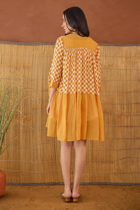 Shop Taro Orange Cotton Collared Block Printed Honey Drift Dress at Aza Fashions Shop_Taro_Orange Cotton Collared Block Printed Honey Drift Dress _at_Aza_Fashions