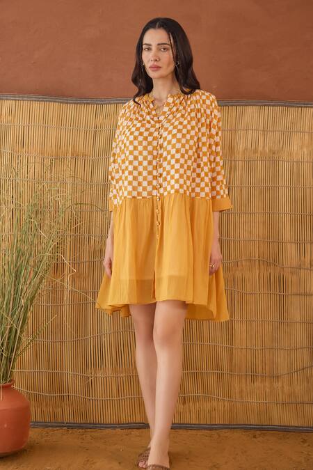 Taro Orange Cotton Collared Block Printed Honey Drift Dress Online at Aza Fashions Taro_Orange Cotton Collared Block Printed Honey Drift Dress _Online_at_Aza_Fashions