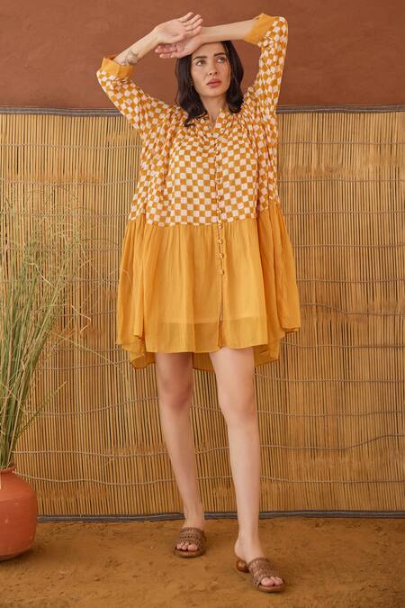 Buy Taro Orange Cotton Collared Block Printed Honey Drift Dress Online at Aza Fashions Buy_Taro_Orange Cotton Collared Block Printed Honey Drift Dress _Online_at_Aza_Fashions