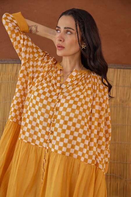 Shop Taro Orange Cotton Collared Block Printed Honey Drift Dress Online at Aza Fashions Shop_Taro_Orange Cotton Collared Block Printed Honey Drift Dress _Online_at_Aza_Fashions