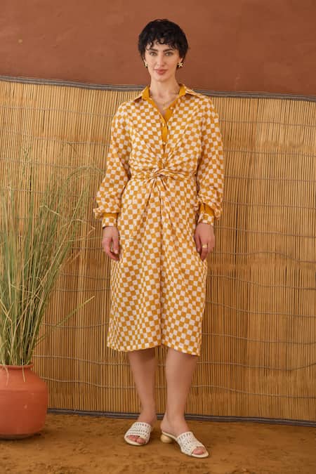 Taro Orange Cotton Collared Golden Hour Gingham Shirt Dress