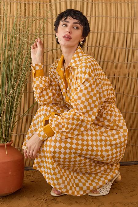 Shop Taro Orange Cotton Collared Golden Hour Gingham Shirt Dress Online at Aza Fashions Shop_Taro_Orange Cotton Collared Golden Hour Gingham Shirt Dress _Online_at_Aza_Fashions