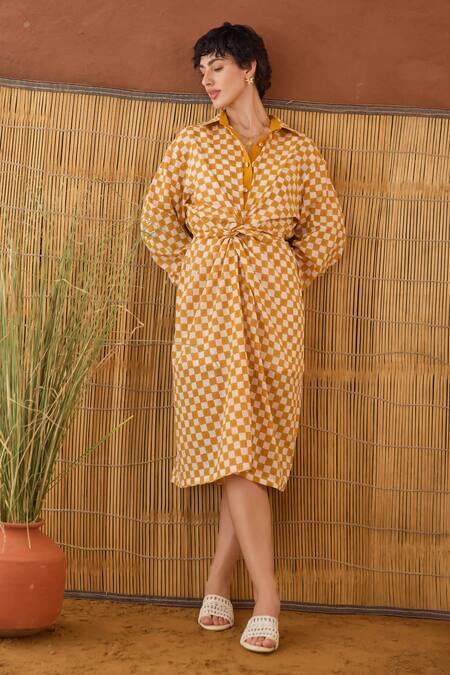 Taro Orange Cotton Collared Golden Hour Gingham Shirt Dress at Aza Fashions Taro_Orange Cotton Collared Golden Hour Gingham Shirt Dress _at_Aza_Fashions