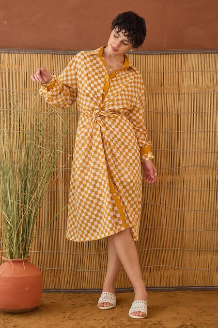 Buy Taro Orange Cotton Collared Golden Hour Gingham Shirt Dress Buy_Taro_Orange Cotton Collared Golden Hour Gingham Shirt Dress
