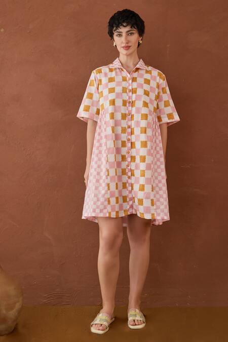 Taro Multi Color Cotton Collared Bubblegum Block Printed Shirt Dress Online at Aza Fashions Taro_Multi Color Cotton Collared Bubblegum Block Printed Shirt Dress _Online_at_Aza_Fashions