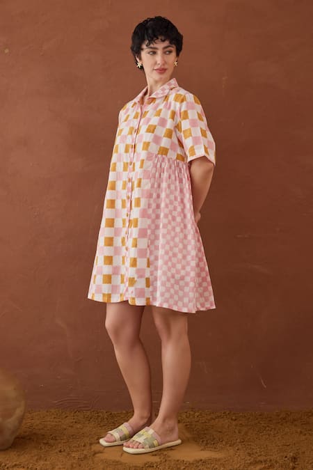 Buy Taro Multi Color Cotton Collared Bubblegum Block Printed Shirt Dress Online at Aza Fashions Buy_Taro_Multi Color Cotton Collared Bubblegum Block Printed Shirt Dress _Online_at_Aza_Fashions