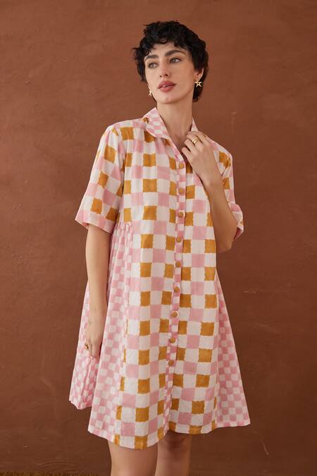 Shop Taro Multi Color Cotton Collared Bubblegum Block Printed Shirt Dress Online at Aza Fashions Shop_Taro_Multi Color Cotton Collared Bubblegum Block Printed Shirt Dress _Online_at_Aza_Fashions