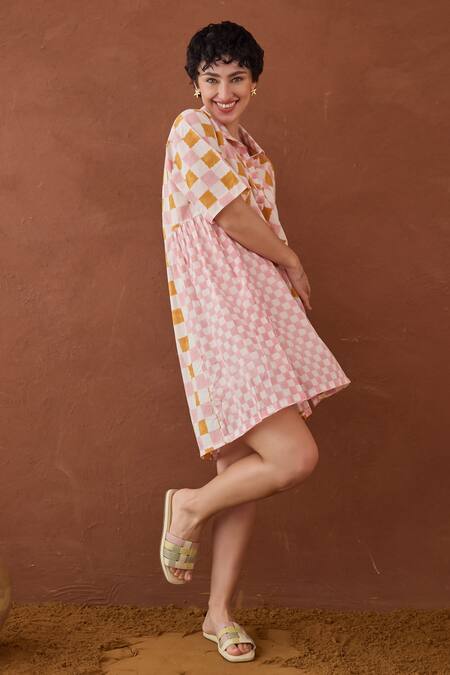 Buy Taro Multi Color Cotton Collared Bubblegum Block Printed Shirt Dress Buy_Taro_Multi Color Cotton Collared Bubblegum Block Printed Shirt Dress