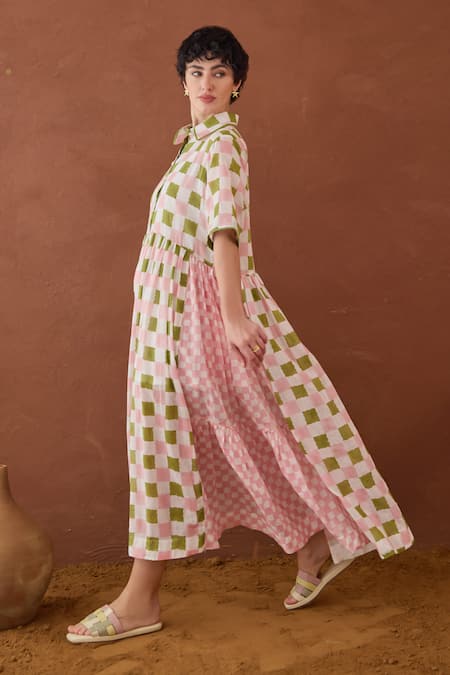 Taro Multi Color Cotton Collared Spring Mosaic Block Printed Shirt Dress Online at Aza Fashions Taro_Multi Color Cotton Collared Spring Mosaic Block Printed Shirt Dress _Online_at_Aza_Fashions