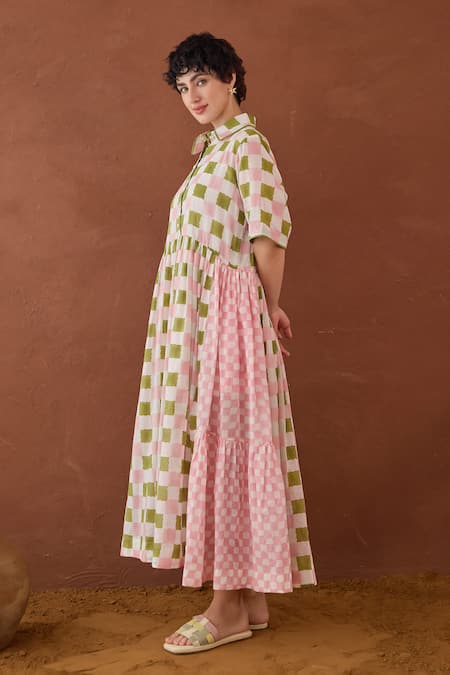 Taro Multi Color Cotton Collared Spring Mosaic Block Printed Shirt Dress at Aza Fashions Taro_Multi Color Cotton Collared Spring Mosaic Block Printed Shirt Dress _at_Aza_Fashions