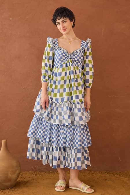 Taro Multi Color Cotton Sweetheart Neck Azure Mosaic Block Printed Dress Online at Aza Fashions Taro_Multi Color Cotton Sweetheart Neck Azure Mosaic Block Printed Dress _Online_at_Aza_Fashions