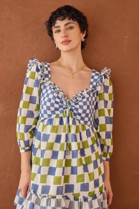 Shop Taro Multi Color Cotton Sweetheart Neck Azure Mosaic Block Printed Dress Online at Aza Fashions Shop_Taro_Multi Color Cotton Sweetheart Neck Azure Mosaic Block Printed Dress _Online_at_Aza_Fashions