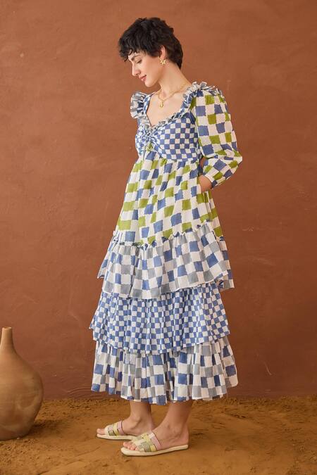 Taro Multi Color Cotton Sweetheart Neck Azure Mosaic Block Printed Dress at Aza Fashions Taro_Multi Color Cotton Sweetheart Neck Azure Mosaic Block Printed Dress _at_Aza_Fashions