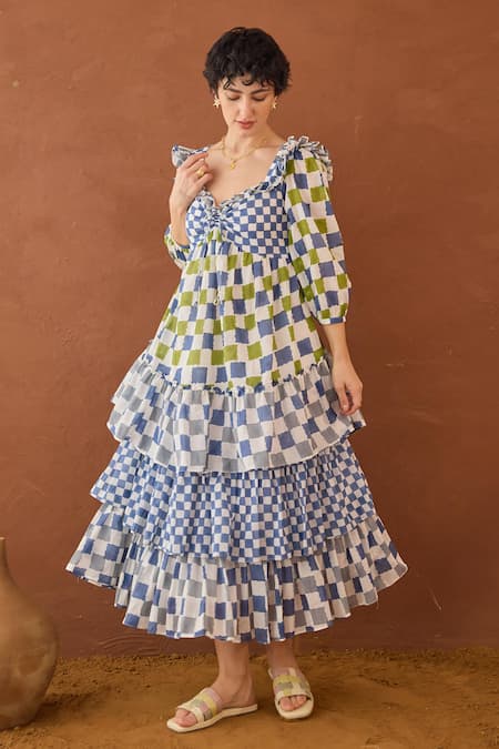 Buy Taro Multi Color Cotton Sweetheart Neck Azure Mosaic Block Printed Dress Buy_Taro_Multi Color Cotton Sweetheart Neck Azure Mosaic Block Printed Dress