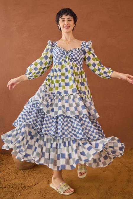 Shop Taro Multi Color Cotton Sweetheart Neck Azure Mosaic Block Printed Dress Shop_Taro_Multi Color Cotton Sweetheart Neck Azure Mosaic Block Printed Dress