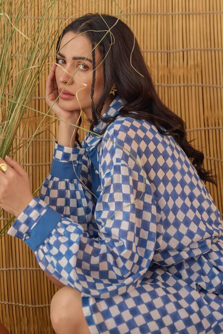 Buy Taro Blue Cotton Collared Indigo Breeze Block Printed Shirt Dress Online at Aza Fashions Buy_Taro_Blue Cotton Collared Indigo Breeze Block Printed Shirt Dress _Online_at_Aza_Fashions