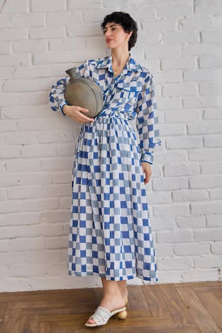 Taro_Multi Color Cotton Collared Block Printed Blue Pixel Shirt _Online_at_Aza_Fashions