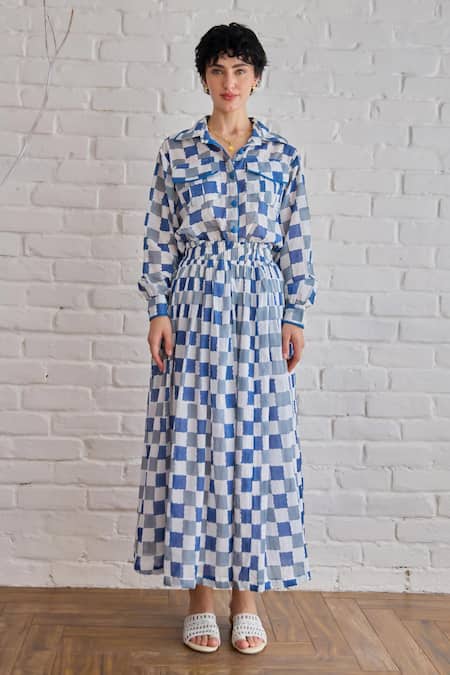 Buy_Taro_Multi Color Cotton Collared Block Printed Blue Pixel Shirt _Online_at_Aza_Fashions