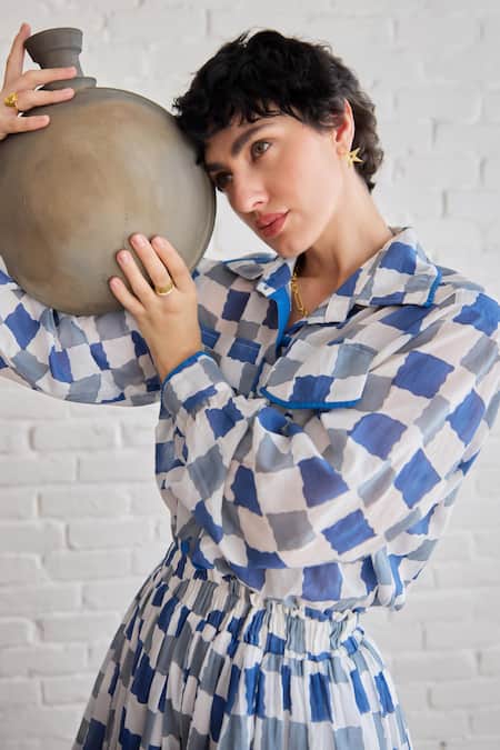 Shop_Taro_Multi Color Cotton Collared Block Printed Blue Pixel Shirt _Online_at_Aza_Fashions