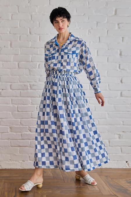 Taro_Multi Color Cotton Collared Block Printed Blue Pixel Shirt _at_Aza_Fashions