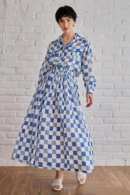 Buy_Taro_Multi Color Cotton Collared Block Printed Blue Pixel Shirt 