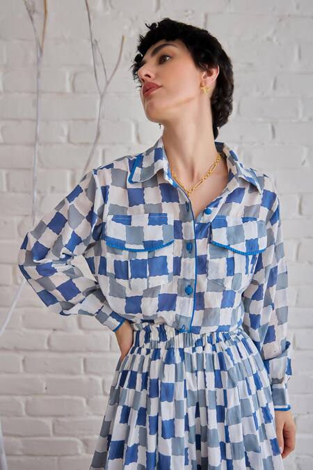 Buy_Taro_Multi Color Cotton Collared Blue Pixel Co-ord Set 