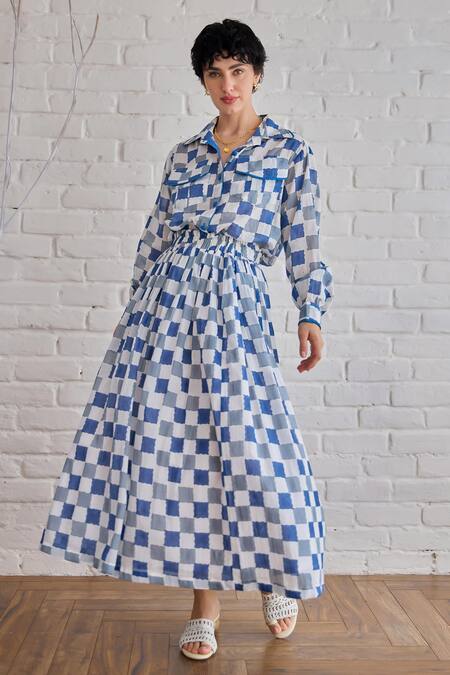 Shop_Taro_Multi Color Cotton Collared Blue Pixel Co-ord Set 