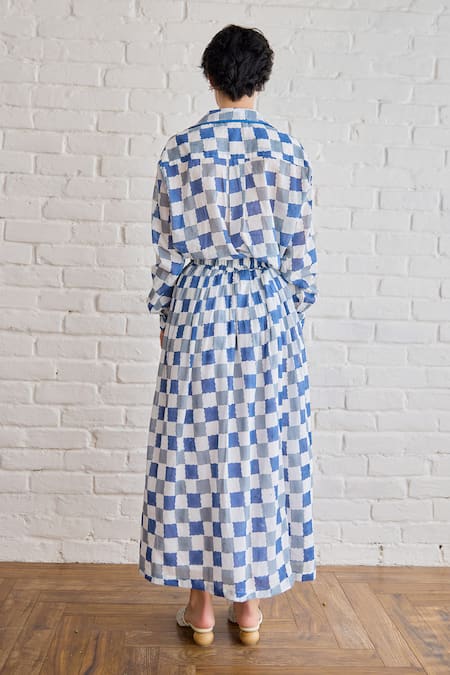 Taro Block Printed Blue Pixel Skirt 