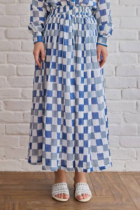 Taro_Multi Color Cotton Block Printed Blue Pixel Skirt _Online_at_Aza_Fashions